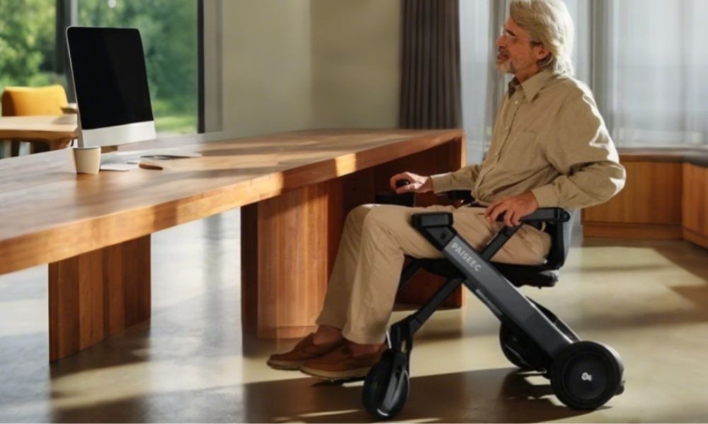 Man sitting in electric wheelchair